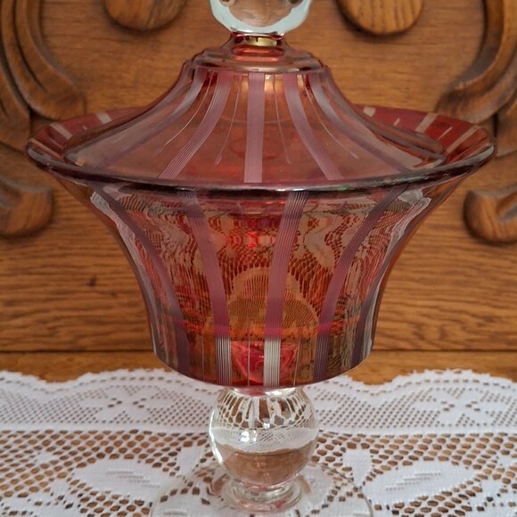 Vintage Paden City Glass Ruby Flashed Cut Candy Stripe Footed Candy Dish - Picture 1 of 5